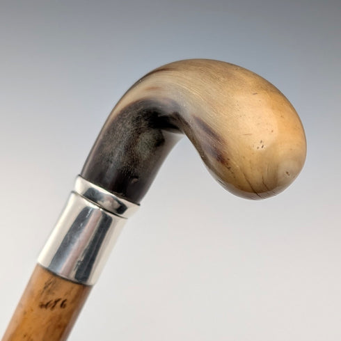 Vintage horn crop handle sterling silver decorated walking stick 85cm